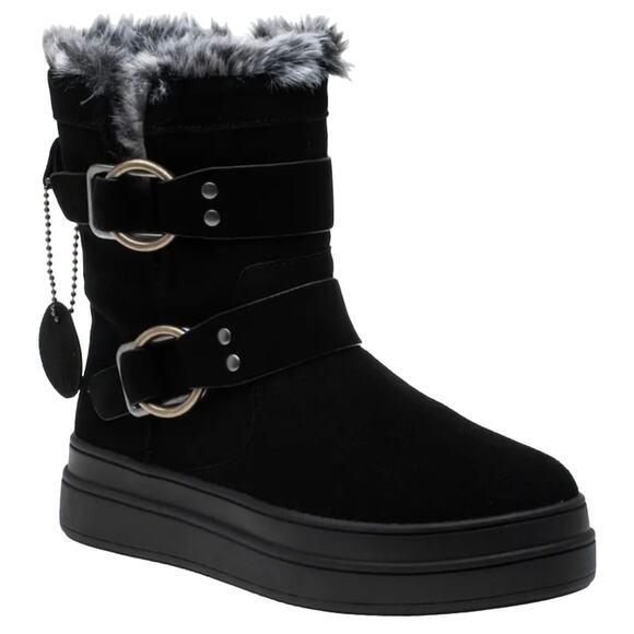 J/Slides NYC Nelly Black Women Winter Boot Size 7 Suede Faux Fur Waterproof New - Picture 1 of 11
